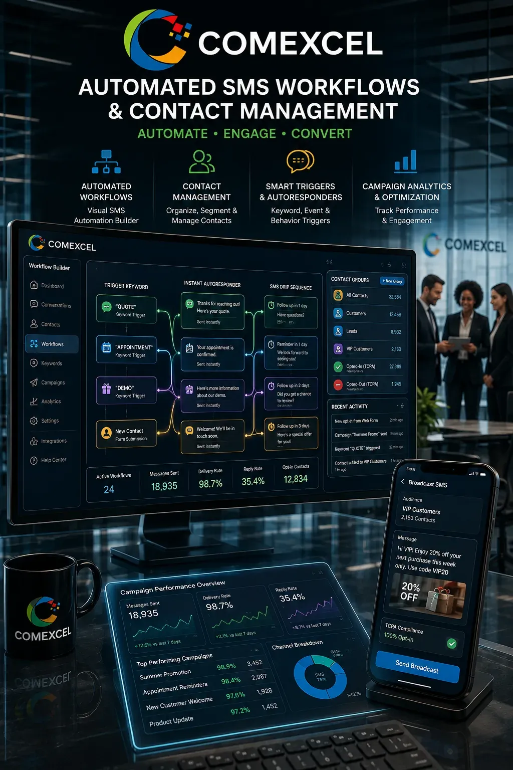 Automation workflow canvas displaying keyword-triggered auto-responders, scheduled SMS drip campaigns, and CRM contact list segmentation.