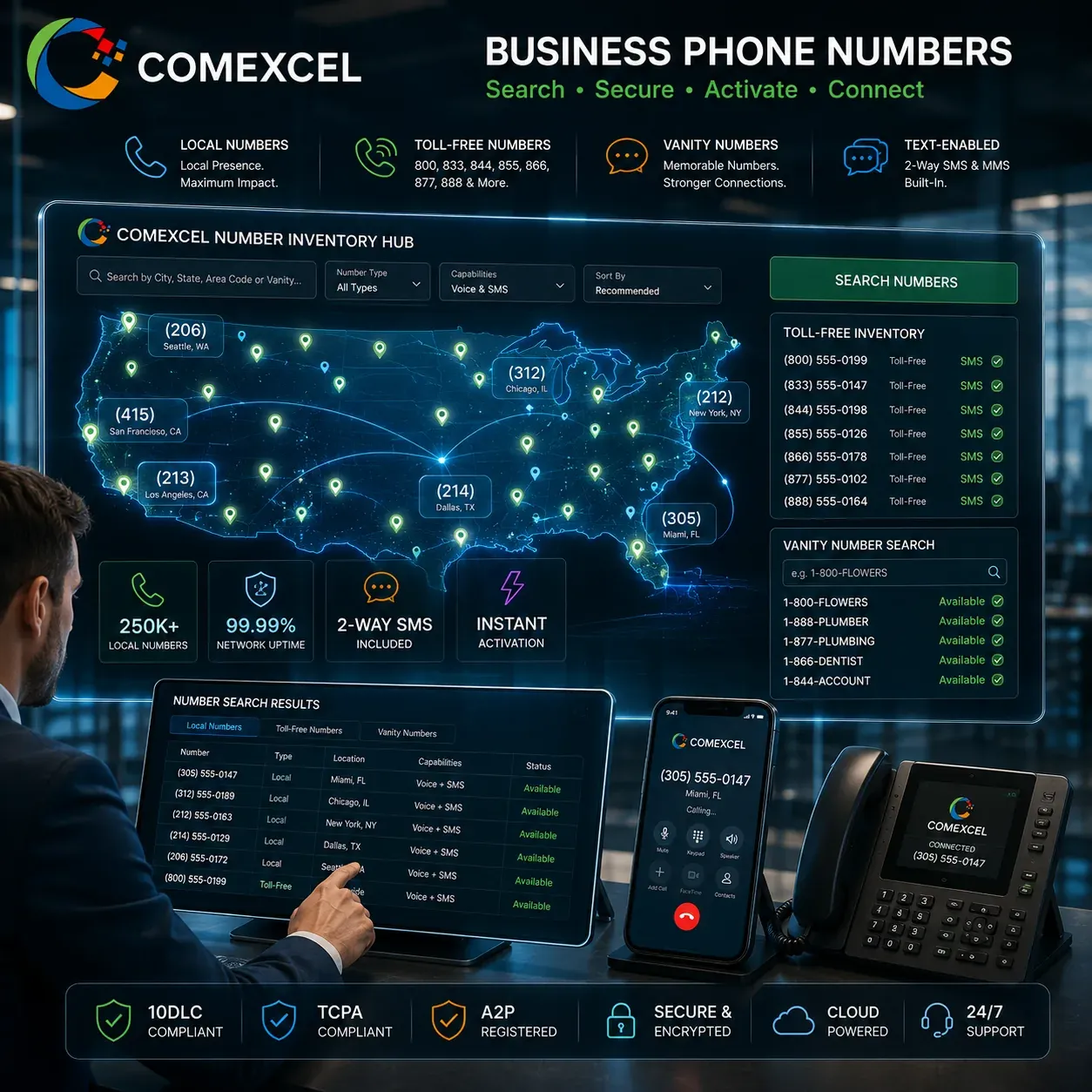 COMEXCEL Business Phone Numbers Inventory Hub Geographic phone number search interface showing local and 800 toll-free numbers text-enabled for business use.