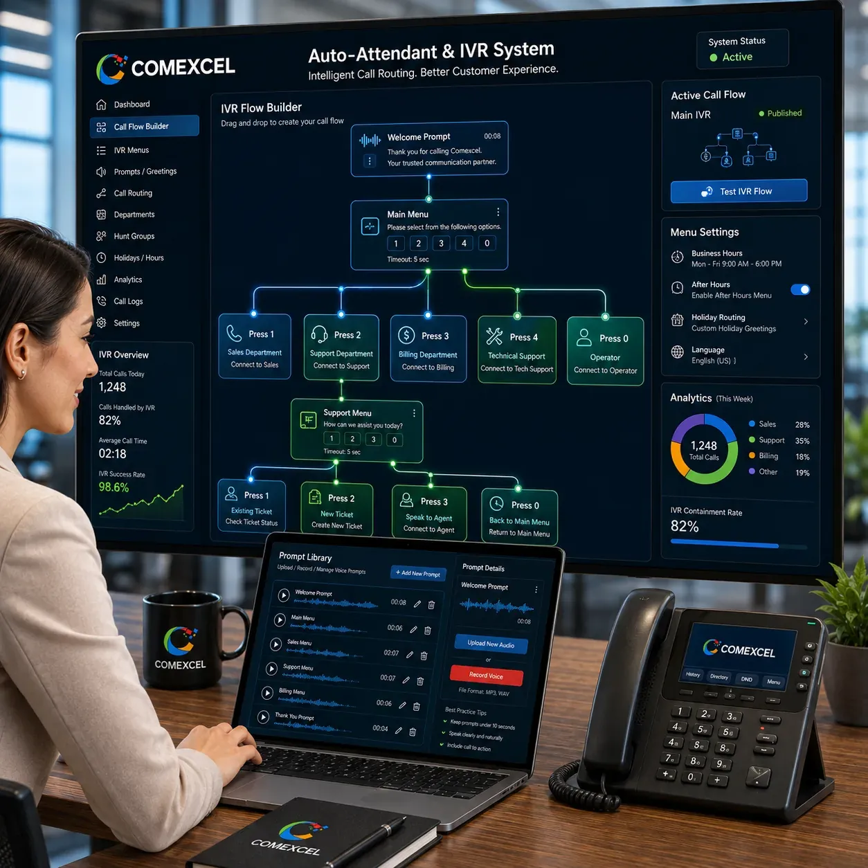 Interactive digital receptionist dashboard configuring multi-level voice menu prompts and call routing logic.