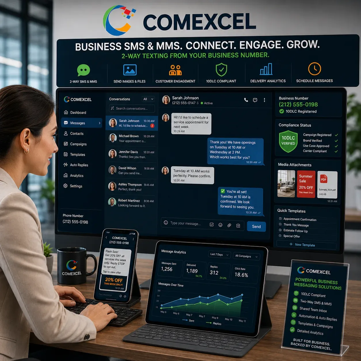 Desktop messaging interface displaying customer chat streams, automated text replies, and image attachment previews.