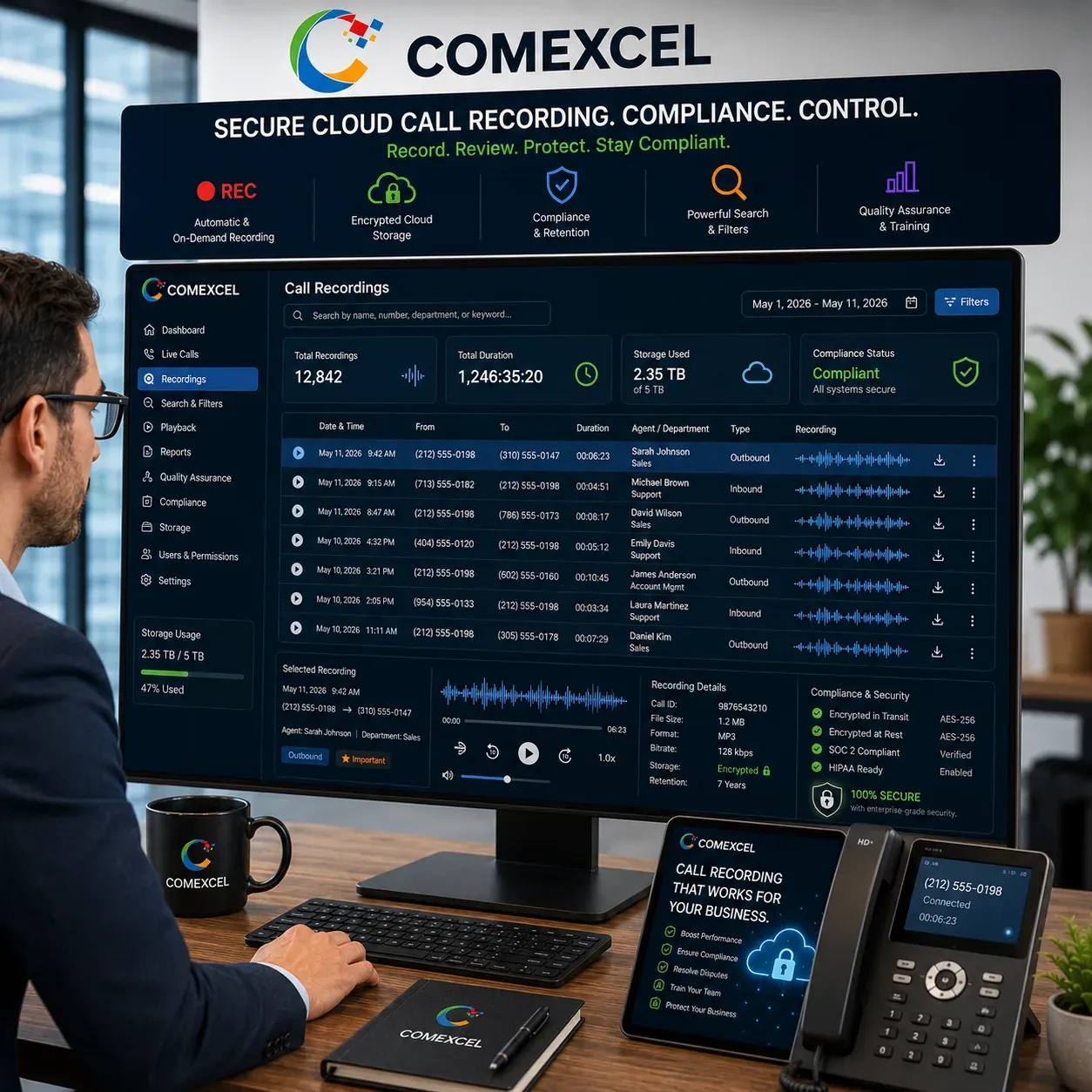 Web portal displaying searchable call recording logs, audio playback controls, and encrypted storage status.