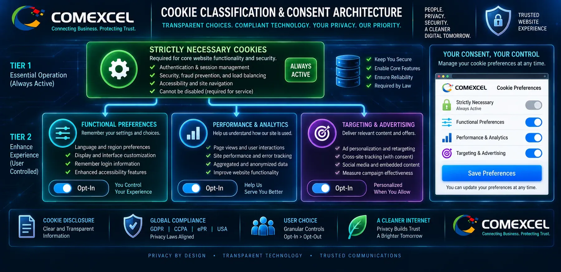 Four-tier architectural diagram illustrating strictly necessary, functional, performance, and targeting cookie categories and consent triggers.
