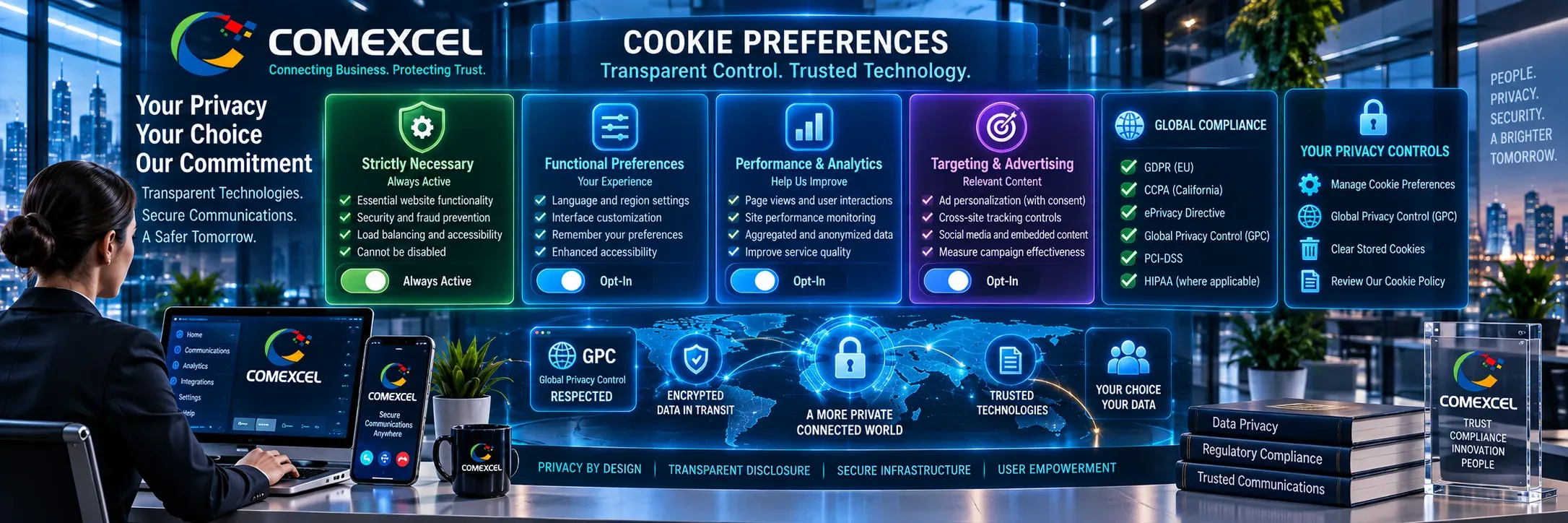 Ultrawide digital dashboard illustrating COMEXCEL web privacy controls, consent management toggles, and secure telemetry shields.