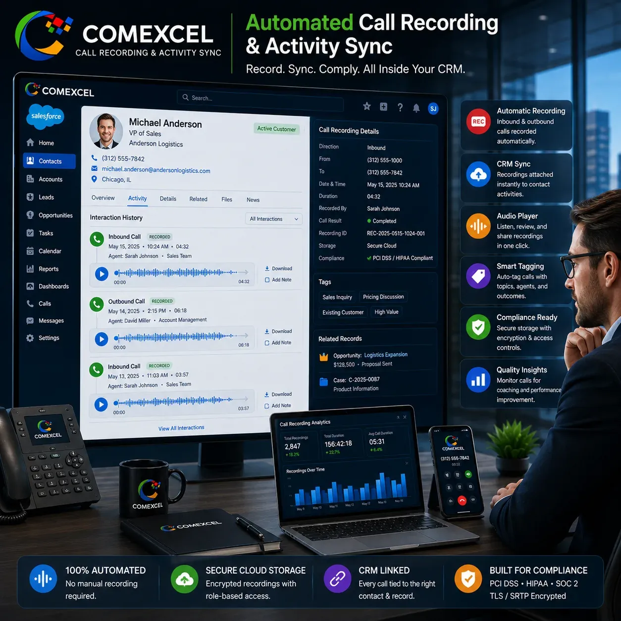 CRM interaction history module with embedded audio playback player for recorded customer phone calls and timestamp logs.