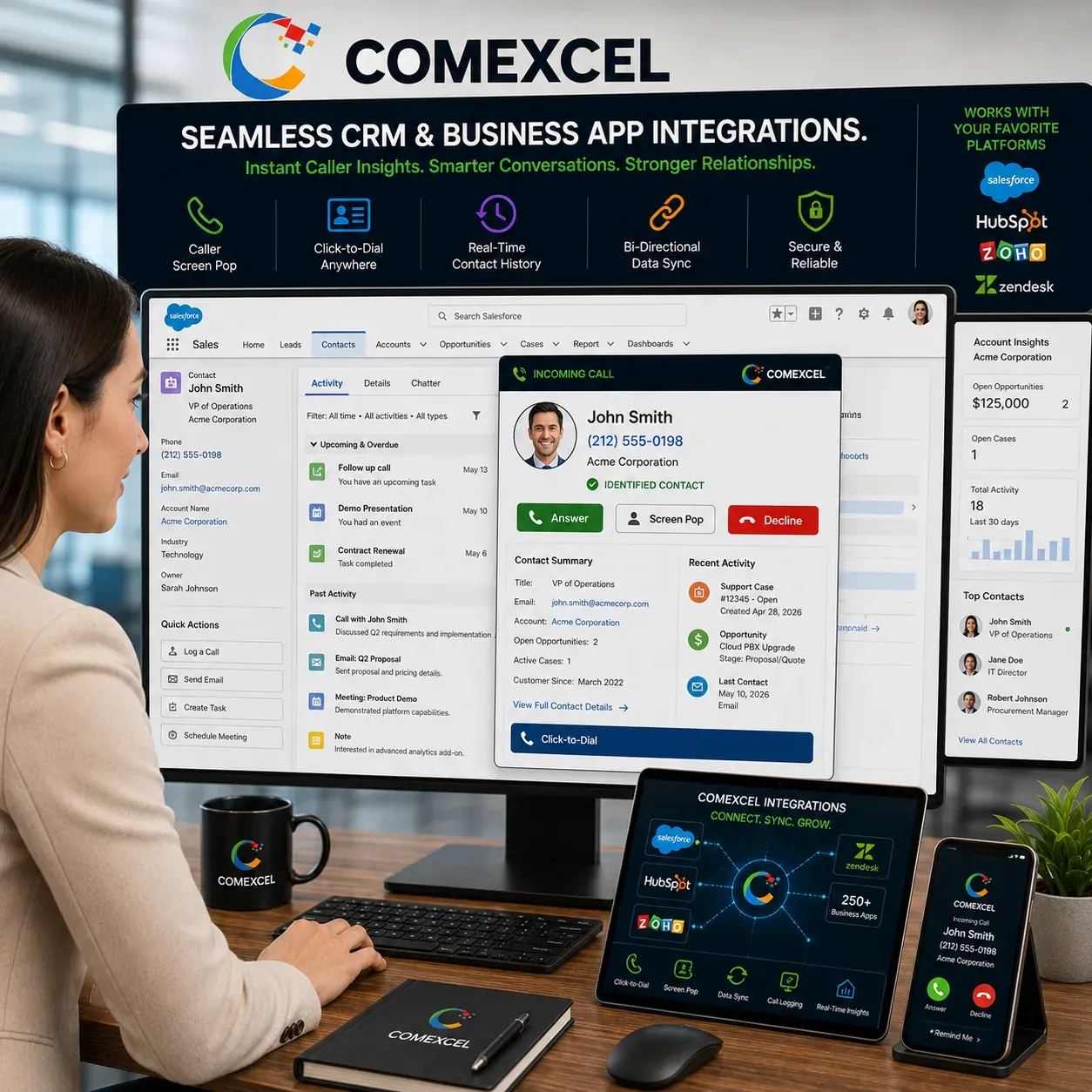 Customer relationship management dashboard displaying an incoming call screen pop with instant client history lookup.