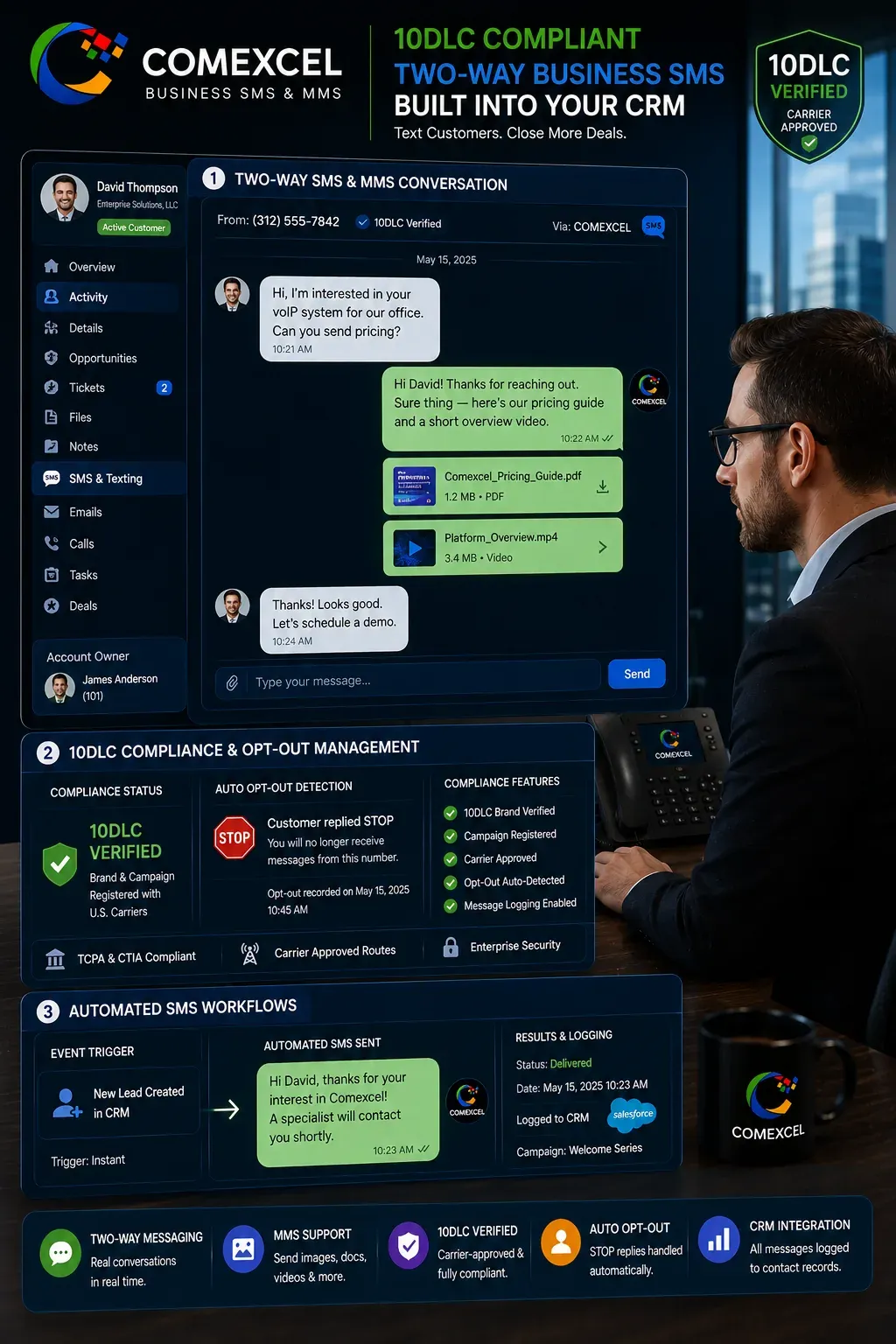 Vertical UI visual of two-way business SMS and MMS conversation history embedded directly inside a customer CRM timeline with 10DLC badges.