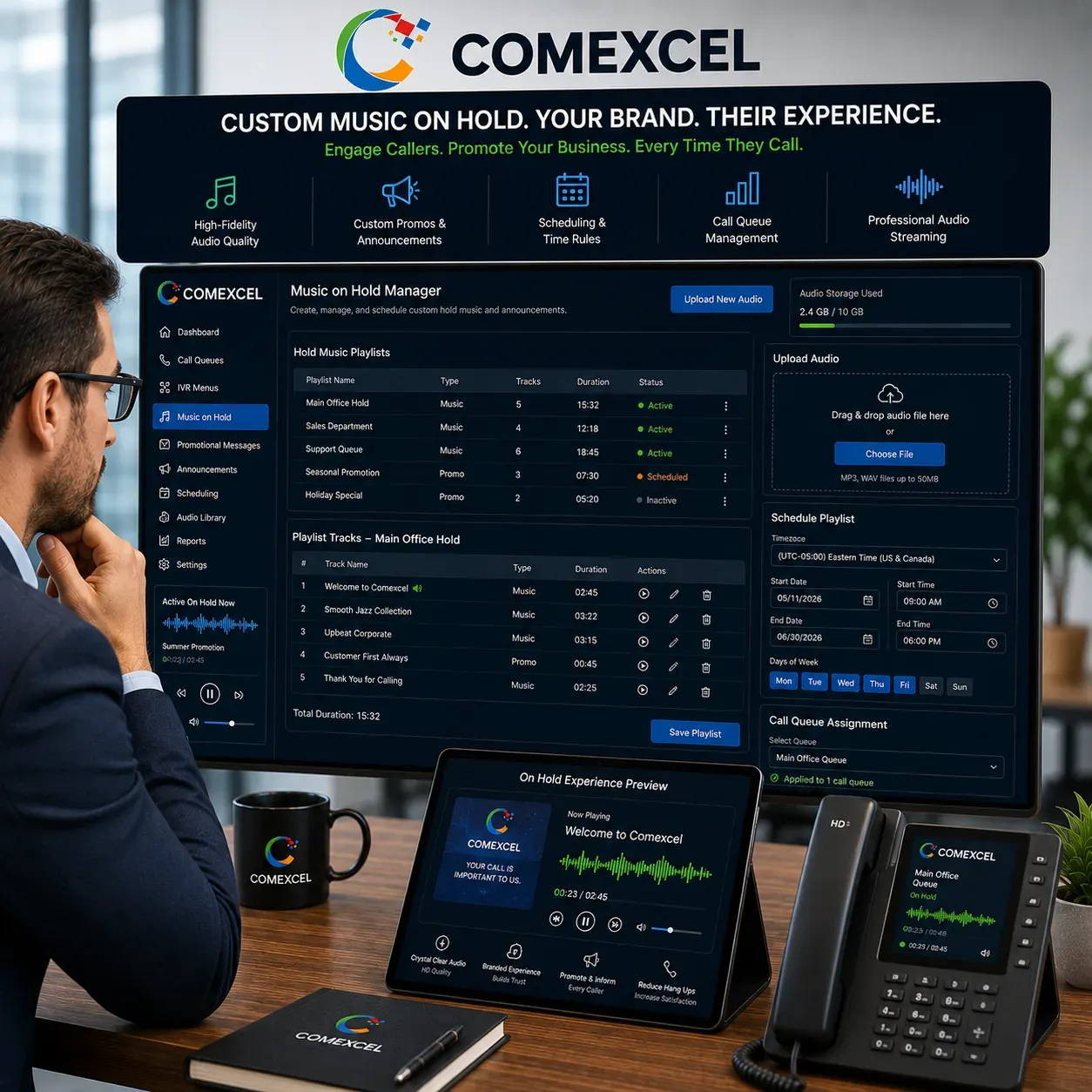 Audio playlist control screen allowing users to upload custom MP3 tracks and schedule promotional marketing announcements for hold queues.