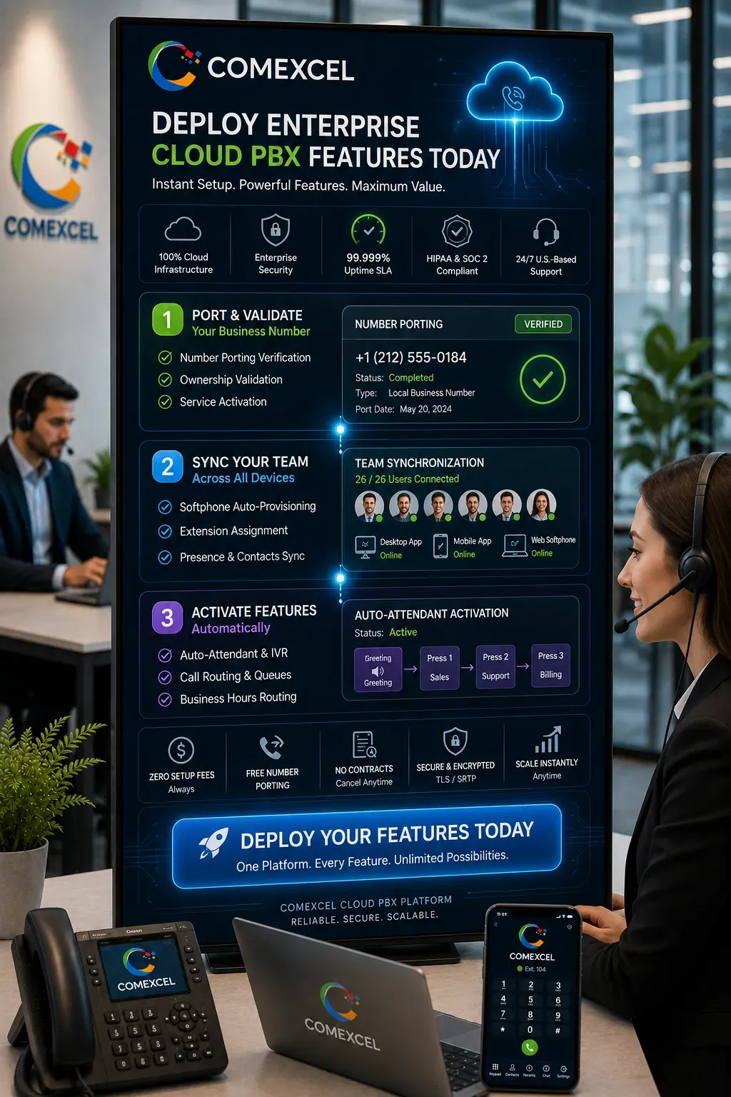 Vertical workstation screen displaying rapid self-service phone number provisioning, security verification badges, and cloud feature deployment controls.