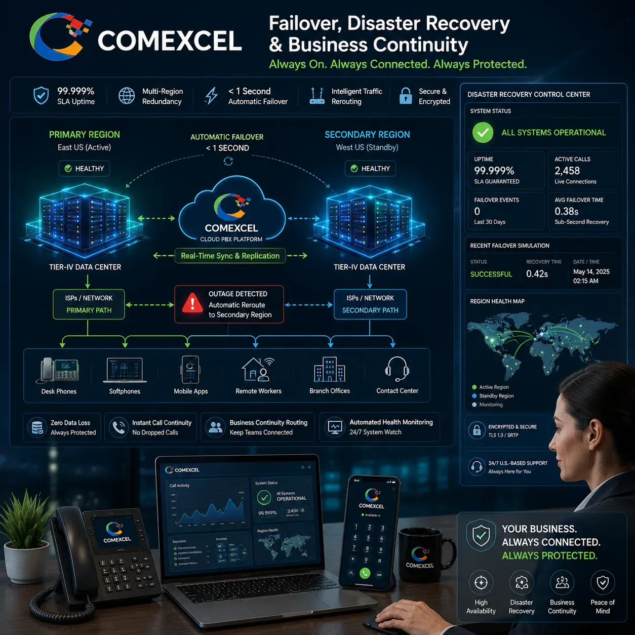 Cloud architecture diagram illustrating dual multi-region server redundancy and automatic mobile call rerouting during network outages.