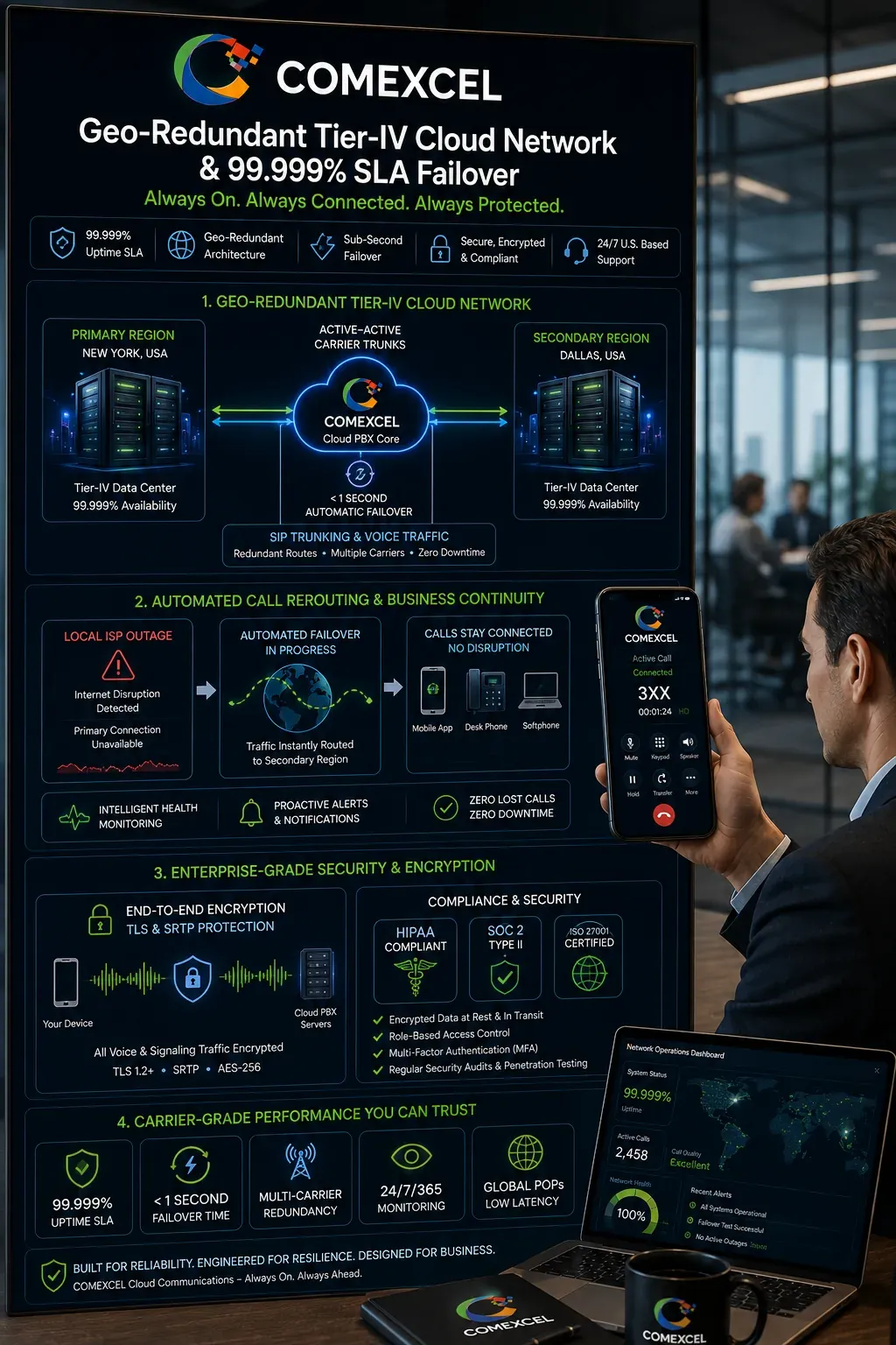 Cloud architecture diagram illustrating dual multi-region server redundancy, TLS/SRTP encryption, and automatic mobile call rerouting during network outages.