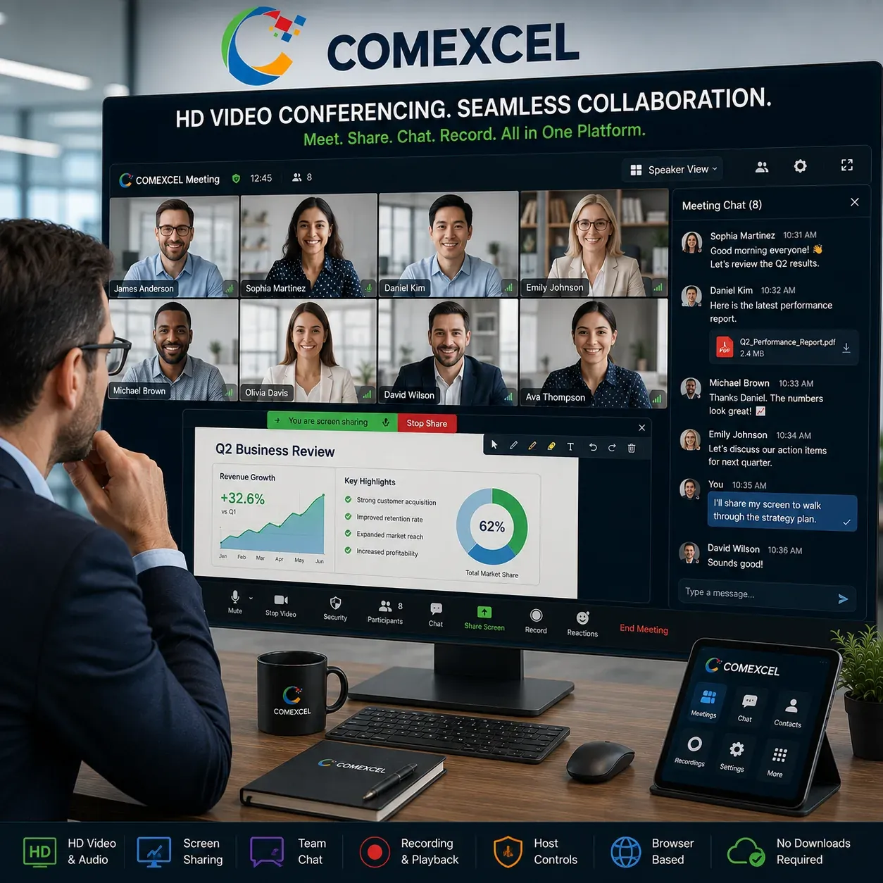 Crisp video conference interface displaying multi-participant gallery view, screen sharing window, and live meeting chat.