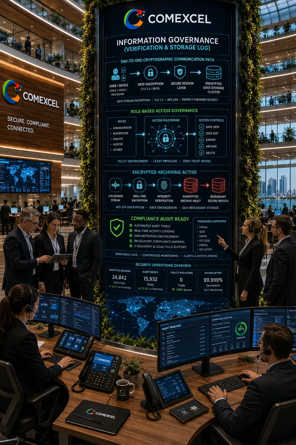 Highly detailed 2:3 vertical schematic detailing end-to-end SRTP stream encryption paths, Role-Based governance rules, and persistent compliance audits.