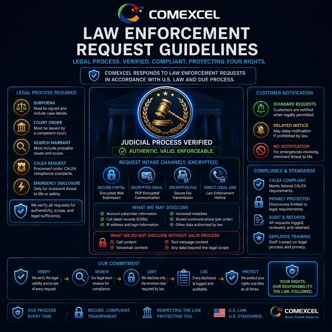 Verified judicial seal and legal process verification interface illustrating statutory data subpoena and court order standards.