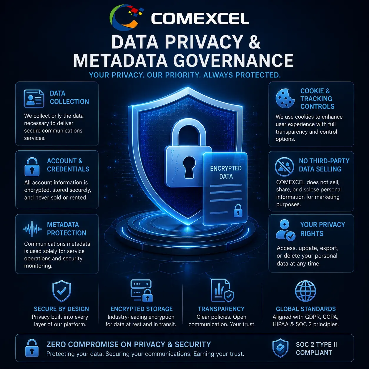 Digital security lock shield illustrating COMEXCEL customer data privacy, metadata protection, and data non-disclosure standards.