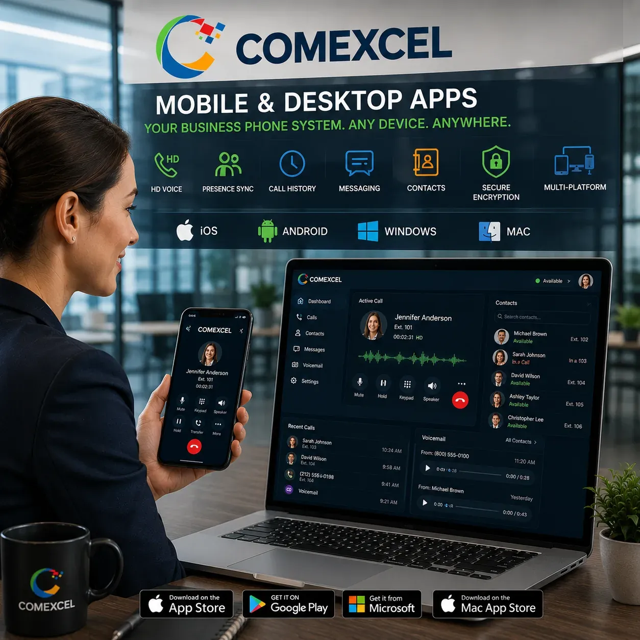 Smartphone and laptop displaying unified softphone interfaces with dialpads, call history, and active presence status.