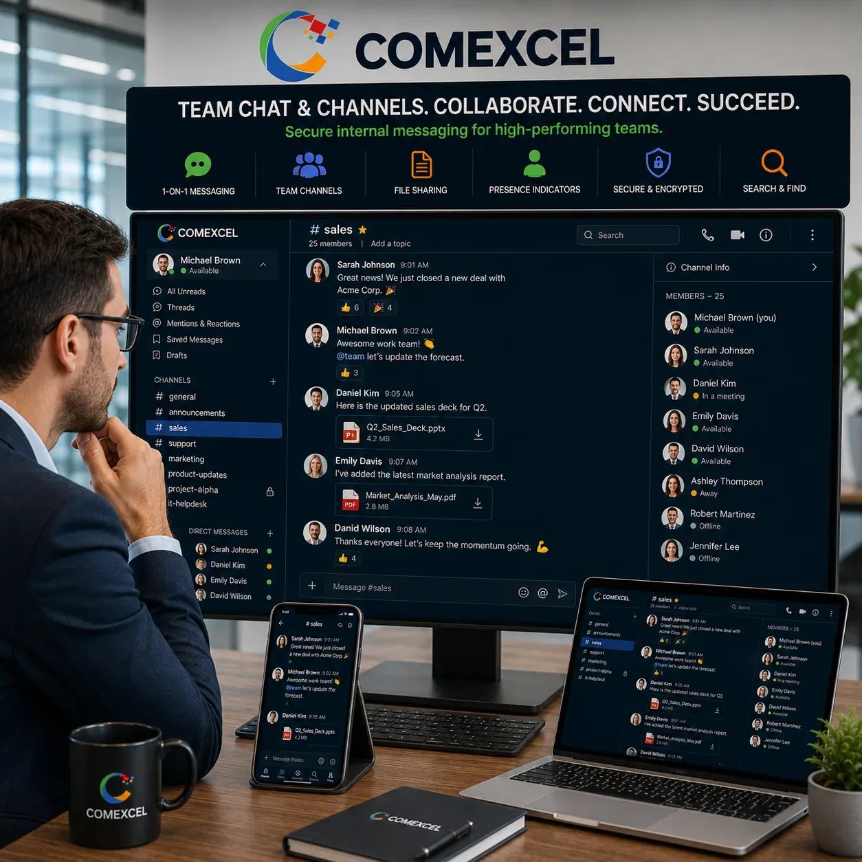 Unified communication workspace displaying team collaboration channels, file attachments, and employee status indicators.