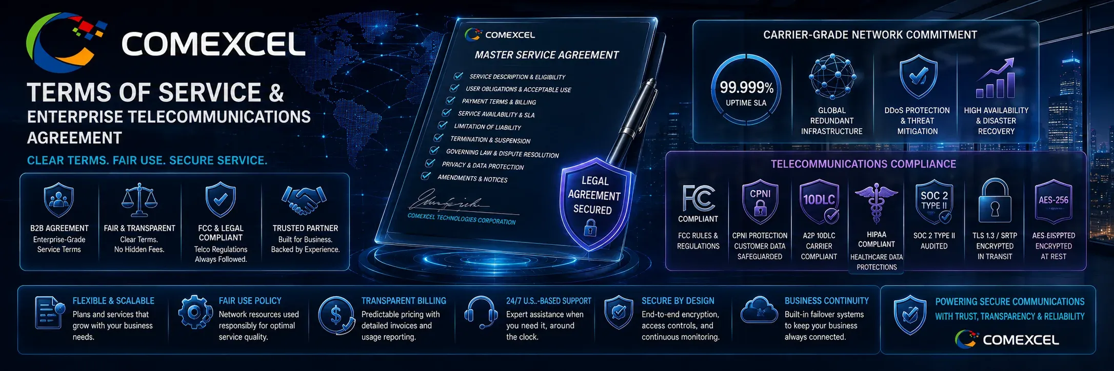 Panoramic enterprise contract interface showcasing COMEXCEL B2B terms of service, telecommunications compliance badges, and SLA uptime guarantees.