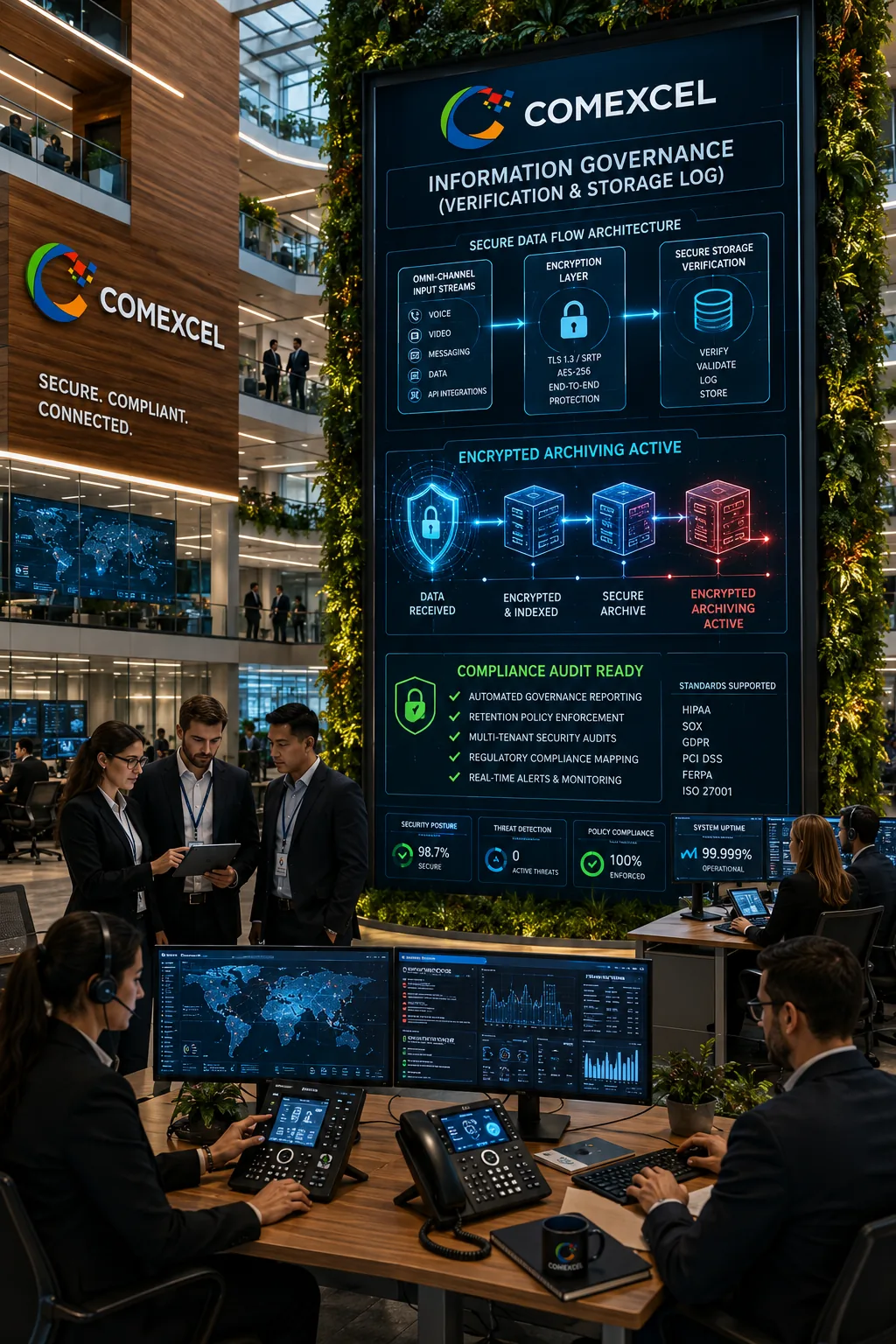 Technical 2:3 vertical visualization detailing cryptographic content shielding, automated governance reporting, and multi-tenant security auditing engines.