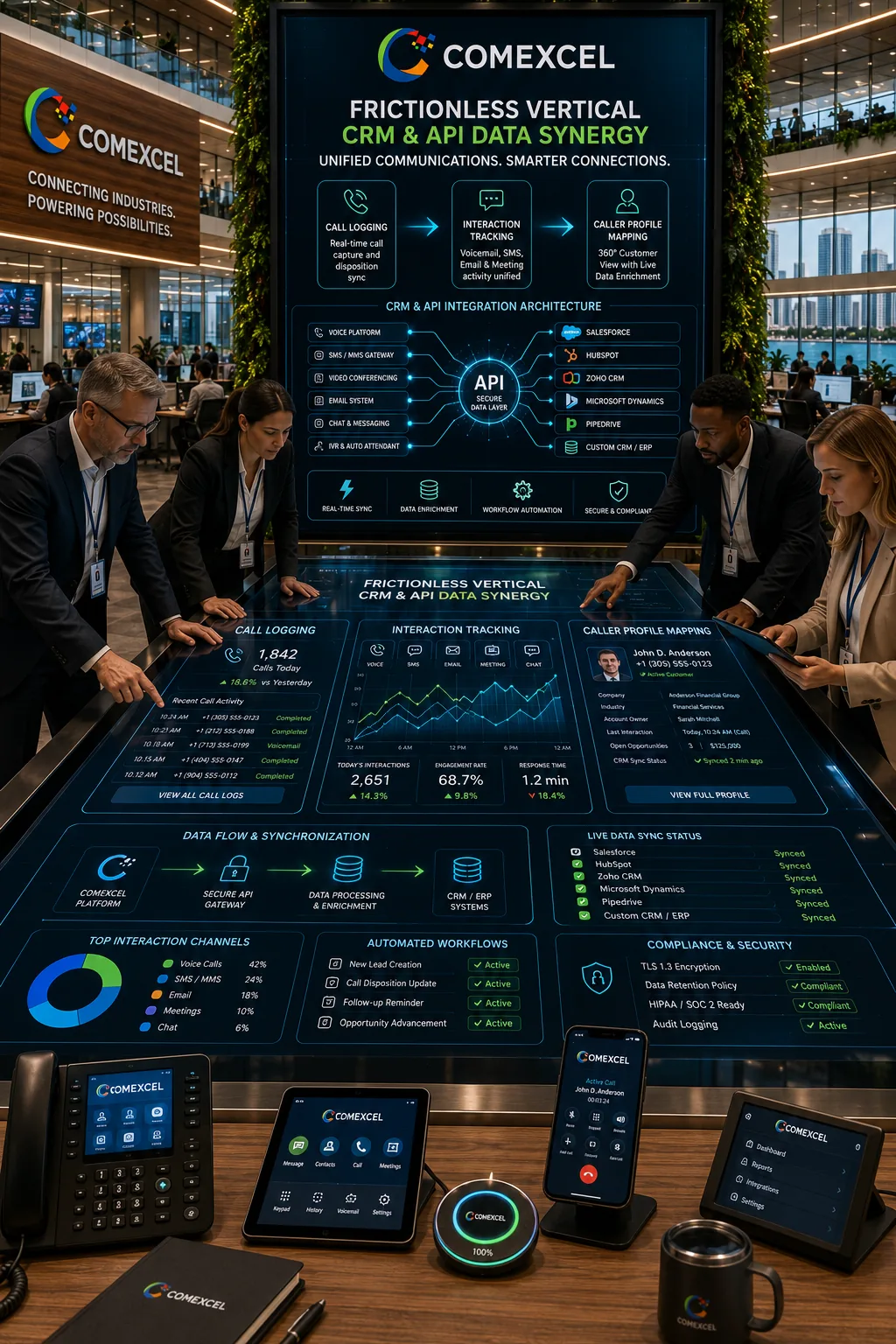 Highly detailed 2:3 vertical perspective of a corporate command table displaying interactive interaction tracking graphs, direct CRM sync maps, and automated profile updates.