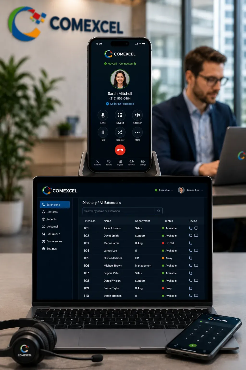 Vertically stacked showcase featuring a smartphone running the COMEXCEL mobile app above a laptop displaying desktop extension dialing.
