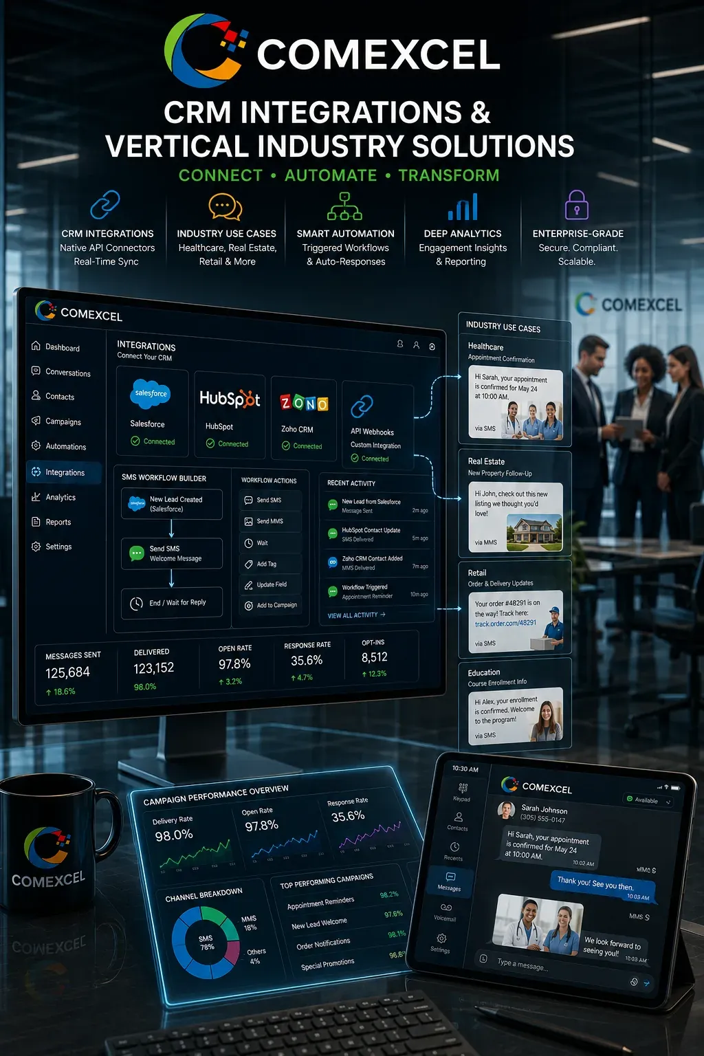 Multi-device screen showcase highlighting SMS integrations with Salesforce, HubSpot, and specialized vertical messaging workflows.