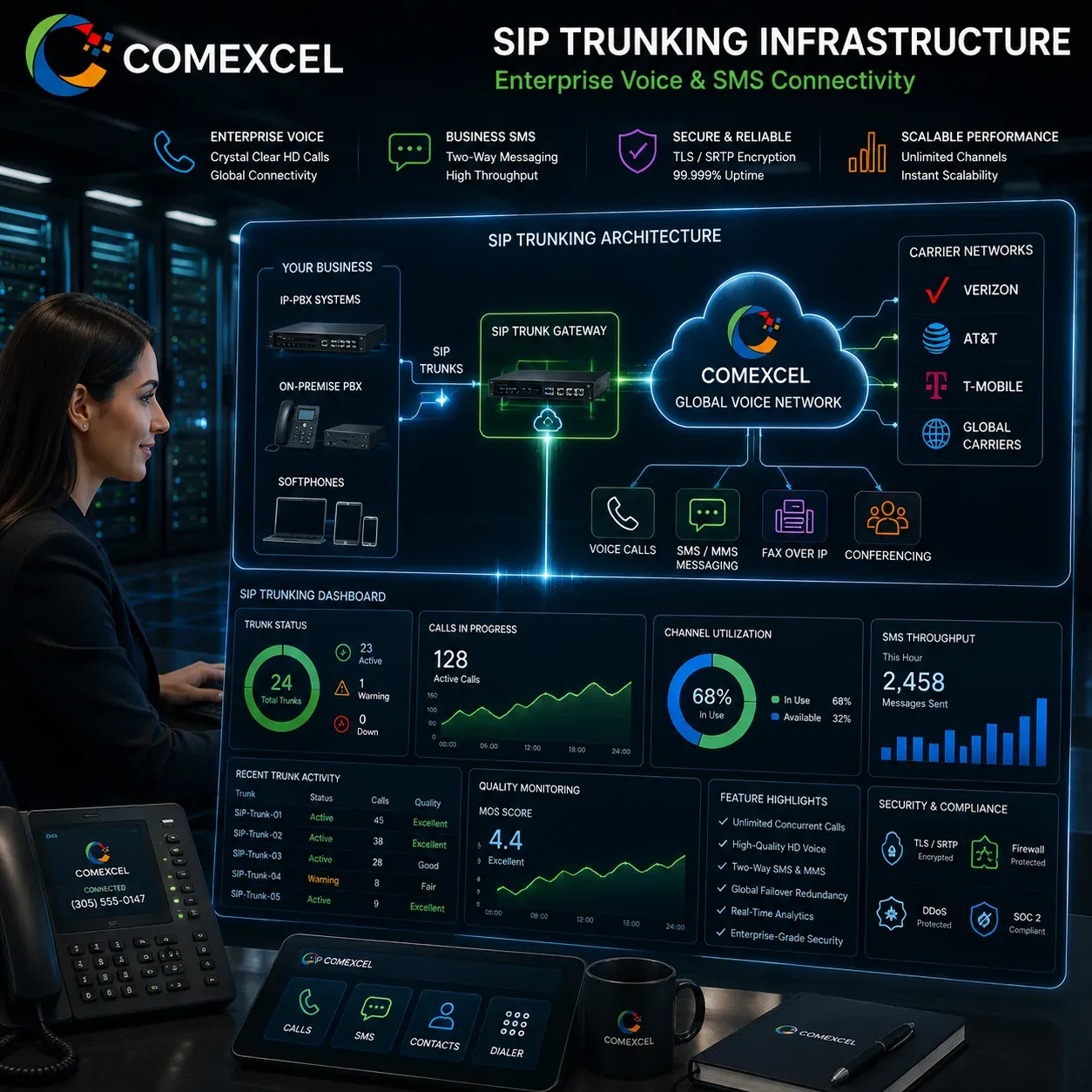 COMEXCEL Enterprise SIP Trunking Network High-authority SIP trunking infrastructure routing enterprise voice and text traffic to corporate servers.