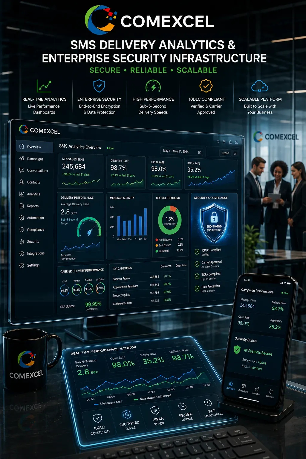 Real-time SMS campaign analytics dashboard showcasing sub-5-second delivery speeds, 98% open rates, and 10DLC encryption security protocols.